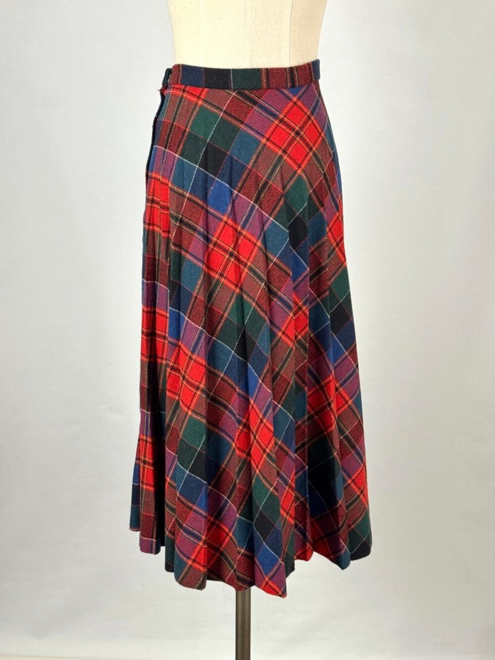 Vtg 80s Plaid Wool Blend Pleated Flannel Midi Skirt Academia Holiday Christmas - Picture 4 of 7